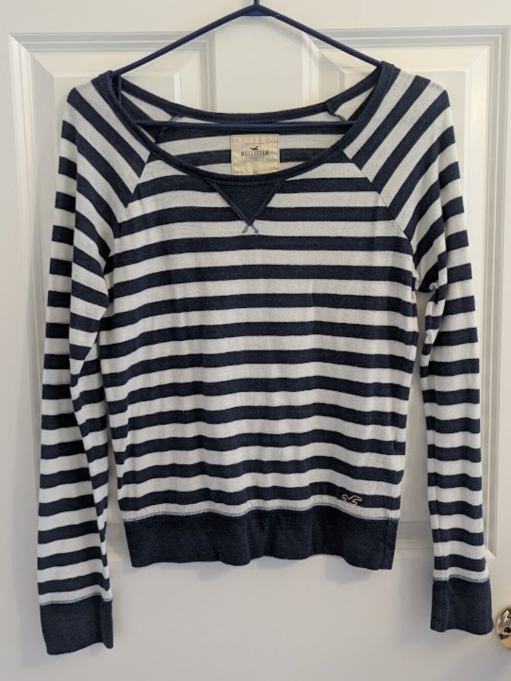 Hollister navy and white striped long-sleeve scoop-neck top